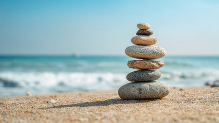 A carefully stacked arrangement of stones rests on a sandy beach with gentle ocean waves lapping at the shore under a bright blue sky. The scene evokes tranquility.の素材