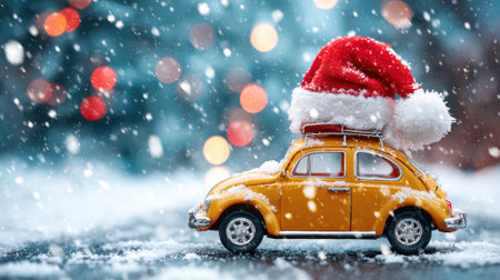 A cheerful yellow car wears a festive Santa hat standing in a snowy landscape filled with colorful bokeh lights. The scene captures the joy of winter celebrations.の素材