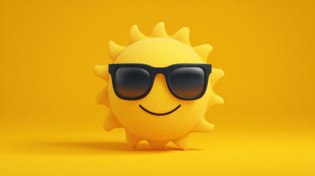 A bright happy sun character smiles while wearing stylish black sunglasses against a vibrant yellow backdrop. This scene radiates joy and warmth perfect for summer vibes.の素材