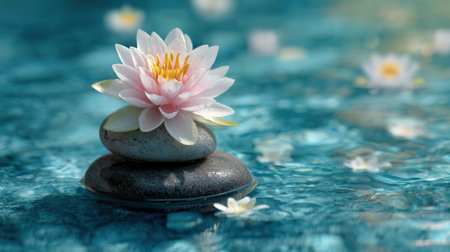 A pink lotus flower sits gracefully on rounded black stones surrounded by clear blue water. Other small flowers float nearby creating a serene and peaceful scene on a sunny day.の素材