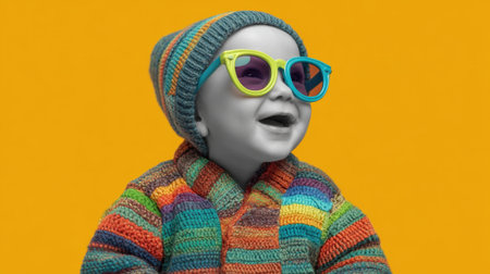 Brightly dressed baby smiles joyfully while wearing oversized sunglasses and a knitted hat. The vibrant colors create a cheerful atmosphere perfect for fun moments.の素材
