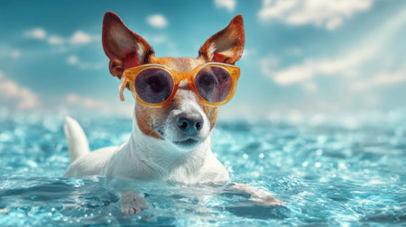 A small dog wearing bright orange sunglasses floats in clear blue water on a sunny day. The dog looks relaxed and happy as it enjoys the summer weather.の素材