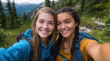 Two young women smile broadly while taking a selfie on a hiking trip. They are outdoors in a vibrant green woodland area with mountains in the background under a clear blue sky.の素材