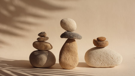 Three uniquely shaped stone sculptures stand on a smooth surface creating a peaceful arrangement. Soft shadows from nearby objects add depth to the calm scene illuminated by natural light.の素材