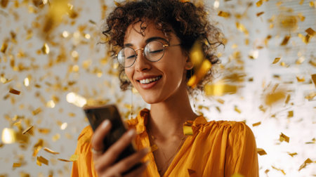 A young woman with curly hair smiles while looking at her phone. Golden confetti falls around her creating a cheerful atmosphere. She is dressed in a bright yellow shirt.の素材