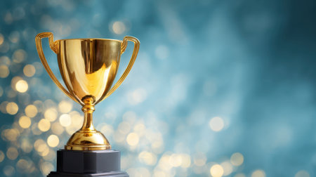 A gold trophy stands tall on a black base reflecting light and surrounded by a soft blue background. The trophy signifies achievement and victory in competitions or awards.の素材