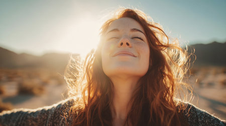 Woman with curly red hair stands in a desert basking in the warm sunlight. Her peaceful smile reflects happiness as sunlight glows around her creating a serene moment.の素材