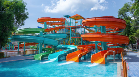 Vibrant water slides twist and turn above a clear pool where families enjoy splashing and sliding on a bright summer day. Lively atmosphere fills the park with excitement.の素材