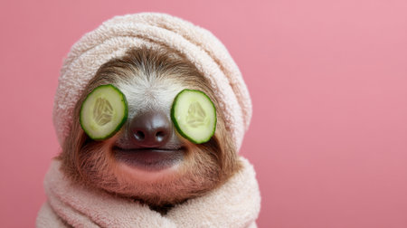 A sloth enjoys a pampering day wrapped in a soft towel with cucumber slices resting on its eyes. The bright pink background adds a cheerful touch to the relaxed scene.の素材