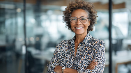 A confident woman with curly hair stands in a modern office smiling broadly. She has glasses on and wears a patterned shirt. The office is well lit and features glass walls.の素材
