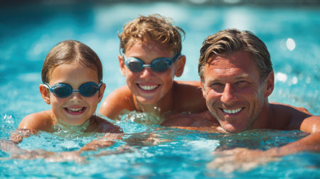 A father smiles with his two children as they swim together in a bright blue swimming pool on a sunny day. Everyone appears joyful wearing swimming goggles.の素材