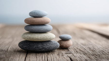 Smooth stones of various colors are perfectly stacked on a wooden surface. The peaceful scene is set near a calm body of water with soft natural lighting.の素材
