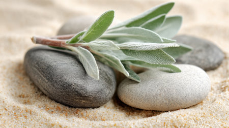 Green sage leaves rest gently on smooth black and white stones surrounded by soft beige sand. The scene is calm and serene capturing the beauty of nature's elements.の素材