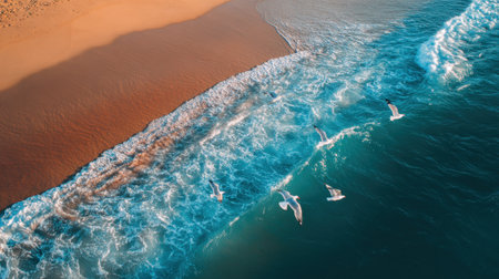 Waves crash gently on the golden sand as seagulls soar above the vibrant blue water during a peaceful sunset. Nature's beauty captivates the viewer's gaze.の素材