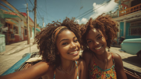Two young women with curly hair smile brightly as they sit together in a colorful vehicle. The scene is lively capturing the warmth of the day and the charm of their neighborhood.の素材