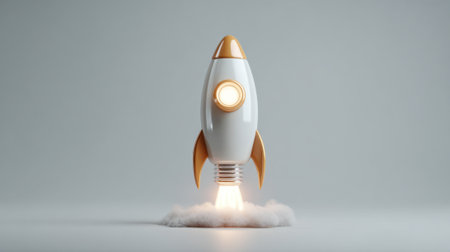 A small rocket model stands upright as it launches with flames and smoke. The scene features a minimalistic background focusing on the rocket's design and motion.の素材