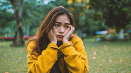 A young woman with long hair sits on green grass in a park wearing a yellow jacket. She looks contemplative resting her head on her hands amid colorful autumn leaves.の素材