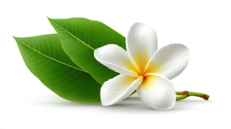 A beautiful frangipani flower displays its white petals with a hint of yellow at the center surrounded by vibrant green leaves. Water droplets add a refreshing touch.の素材