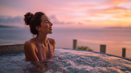 A woman enjoys a tranquil moment in a hot tub surrounded by warm water and stunning colors of a sunset over the ocean. The serene atmosphere creates a peaceful escape.の素材