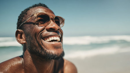 A man is sitting on the beach wearing sunglasses and smiling widely. The sun is shining and waves can be seen in the background creating a joyful atmosphere.の素材