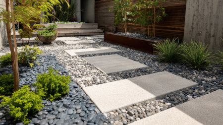 A modern garden path features smooth stone walkways surrounded by decorative pebbles and lush greenery. This tranquil space invites relaxation and outdoor enjoyment.の素材