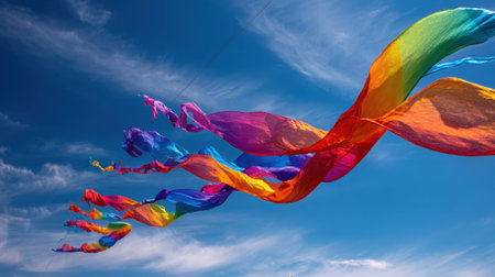 Vibrant ribbons in shades of red orange yellow green blue and purple fly high in the sky creating a festive atmosphere during an outdoor celebration on a sunny day.の素材