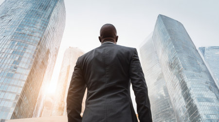 A man in a black suit stands with his back to the camera gazing at tall glass buildings. The sun sets illuminating the city with a warm glow symbolizing opportunity and hope.の素材