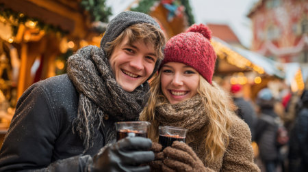 Smiling young couple holds warm drinks while bundled in winter clothing at a lively holiday market filled with festive decorations and cheerful visitors.の素材
