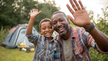 A man and a boy wave cheerfully at the camera while enjoying their camping experience in a natural setting. They are surrounded by trees and a tent creating a warm atmosphere.の素材