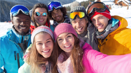 Seven friends pose for a joyful selfie on a ski trip surrounded by snow covered mountains and bright sunshine. They are dressed in colorful winter gear smiling widely.の素材