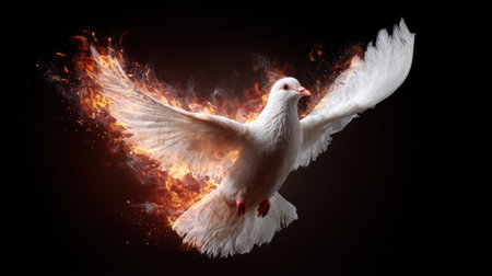 A white dove flies gracefully its wings spread wide. Flames illuminate the background adding a dramatic contrast to the bird's serene presence.の素材