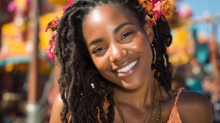 A joyful woman with beautiful dreadlocks adorned with flowers beams at the camera while surrounded by a vibrant outdoor market. The lively atmosphere reflects celebration.の素材