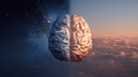 A human brain is shown split in half with one side depicting a starry night sky and the other resembling a sunrise.の素材