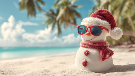 A cheerful snowman sits on the warm sand of a tropical beach wearing a Santa hat and sunglasses. Palm trees sway in the background under a bright blue sky.の素材