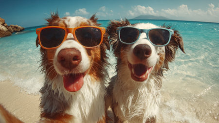 Two happy dogs with sunglasses play in the shallow water of a beach on a sunny day. The clear blue ocean and clouds create a cheerful atmosphere.の素材