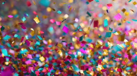 Brightly colored confetti falls from above creating a vibrant scene during a lively celebration. The mix of pink gold and turquoise pieces adds to the festive atmosphere.の素材