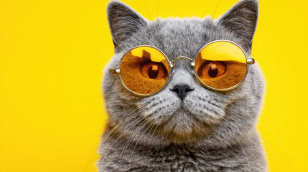 A gray cat sports round golden sunglasses sitting against a vibrant yellow background. The playful animal exudes a stylish charm capturing the essence of fun and personality.の素材