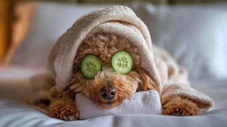 A fluffy dog relaxes on a bed with cucumber slices on its eyes wrapped in a towel creating a peaceful spa atmosphere at home. It looks calm and pampered.の素材
