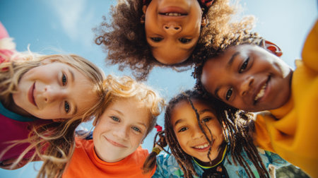 Five joyful children gather closely smiling and enjoying their time together under a clear blue sky. Bright colors of their shirts reflect their cheerful mood as they bond.の素材