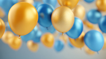 Colorful balloons in shades of gold and blue float against a soft background. The scene creates a joyful atmosphere ideal for celebrations or gatherings during daytime events.の素材