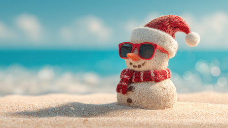 A cute sand snowman sporting red sunglasses and a Santa hat sits on the beach by the ocean. The clear blue water sparkles in the sunlight creating a cheerful summer scene.の素材