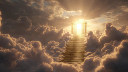 A scenic view shows a majestic stairway leading to bright gates set against a backdrop of fluffy clouds. The sun rises casting warm light on the scene creating a serene atmosphere.の素材