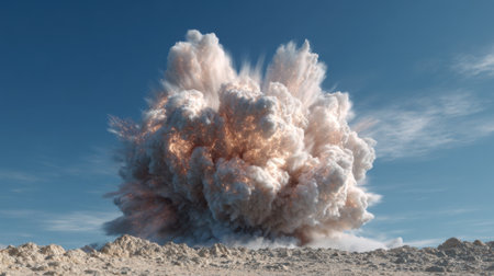 A vibrant explosion occurs in an open area sending a large cloud of dust and debris into the sky. The scene captures the moment's power and intensity under a sunny blue backdrop.の素材