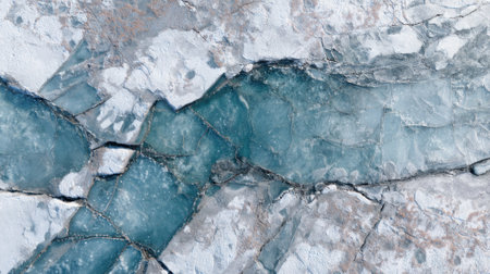 A stunning view of a frozen landscape unfolds showcasing unique patterns of ice and water. The scene captures the beauty and complexity of nature in a cold remote area.の素材