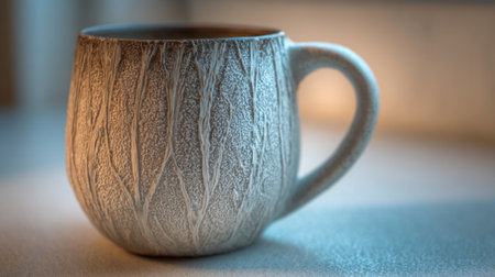 A beautifully textured ceramic mug sits on a smooth surface. The warm light highlights its intricate design creating a cozy atmosphere.の素材