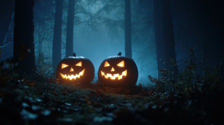 Two carved pumpkins with grinning faces sit among fallen leaves illuminated from within. A misty forest surrounds them enhancing the eerie Halloween atmosphere at night.の素材