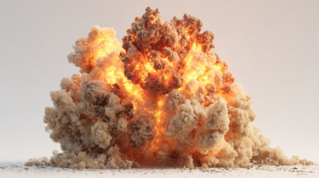 A large explosion occurs sending clouds of smoke and bright flames into the sky. The scene captures the fierce energy and chaos of the moment with debris scattering around.の素材