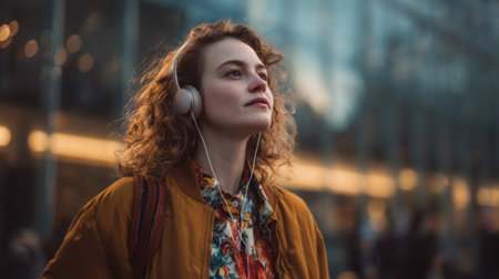 A woman with curly hair listens to music through headphones while standing in a bustling city square as the evening light reflects off nearby buildings.の素材