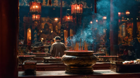 A person kneels in quiet meditation as incense smoke rises from a large holder in a dimly lit temple filled with lanterns. The atmosphere is serene and spiritual.の素材
