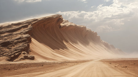 Dramatic sand formations rise like waves in a vast desert. Dust swirls as the clouds loom overhead creating a stunning display of natural beauty.の素材